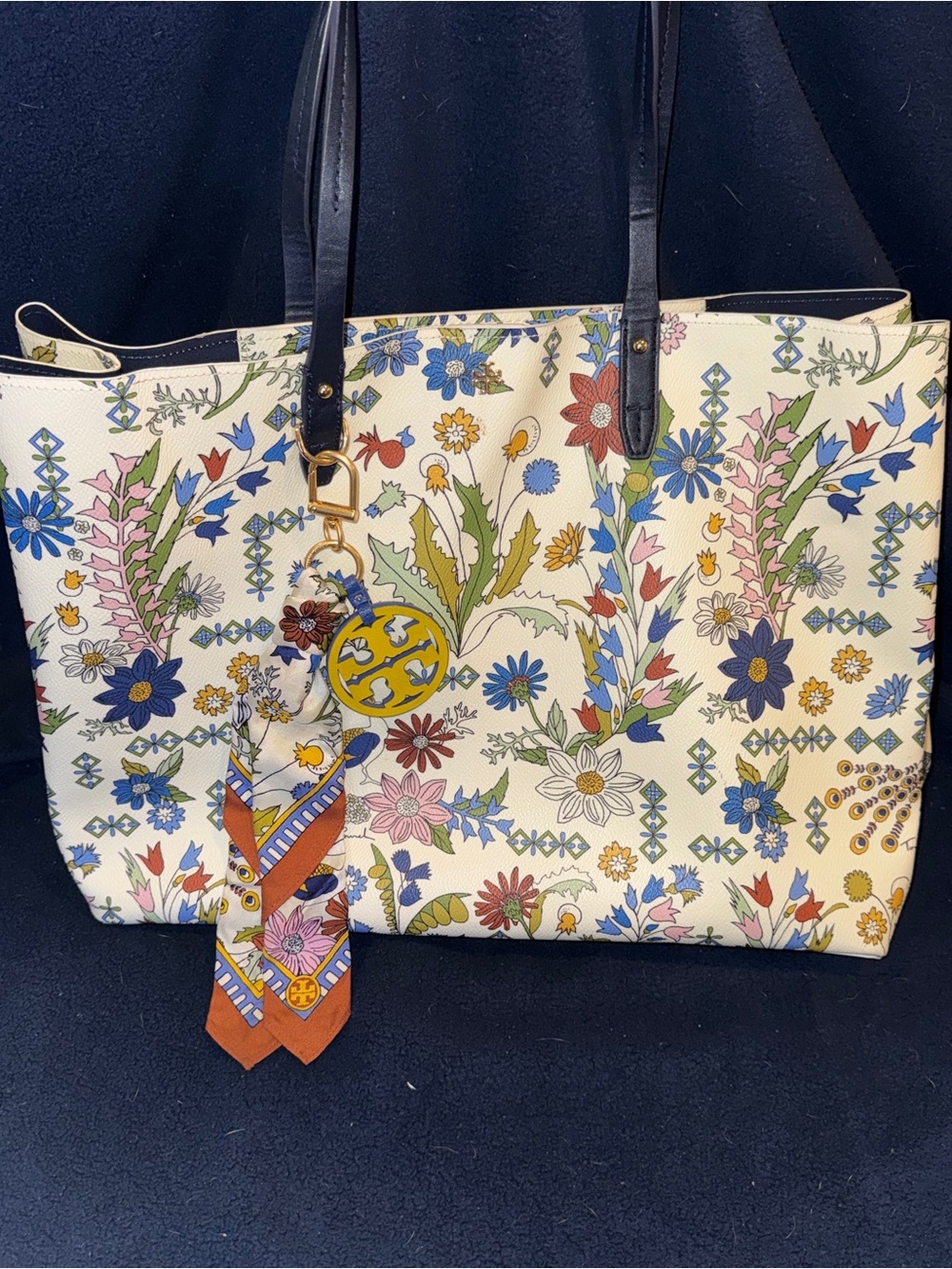 Tory Burch Floral Print Tote Bag with Navy Handles - Cream Multicolor